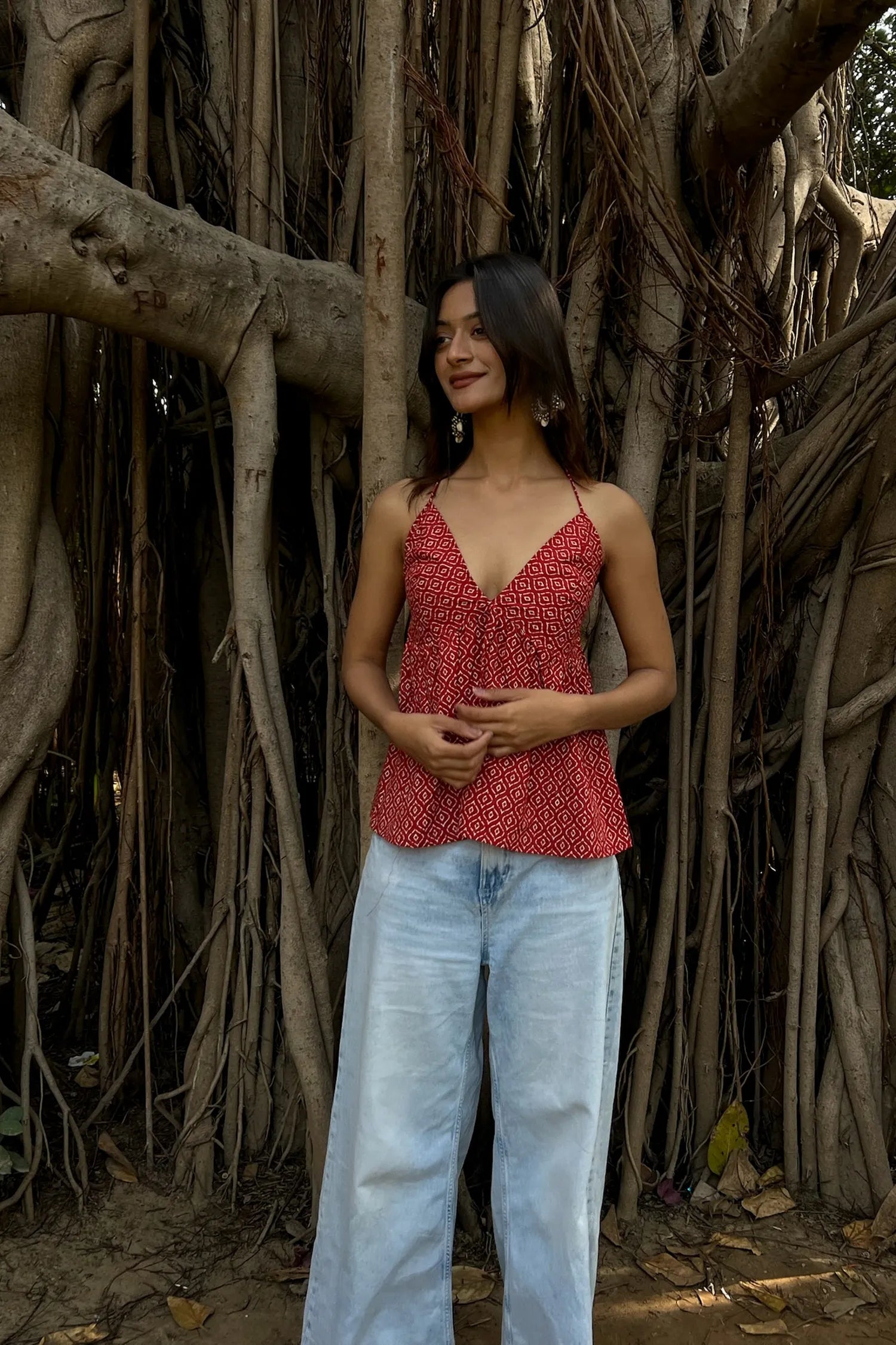 Red Geometric Halter Neck Top