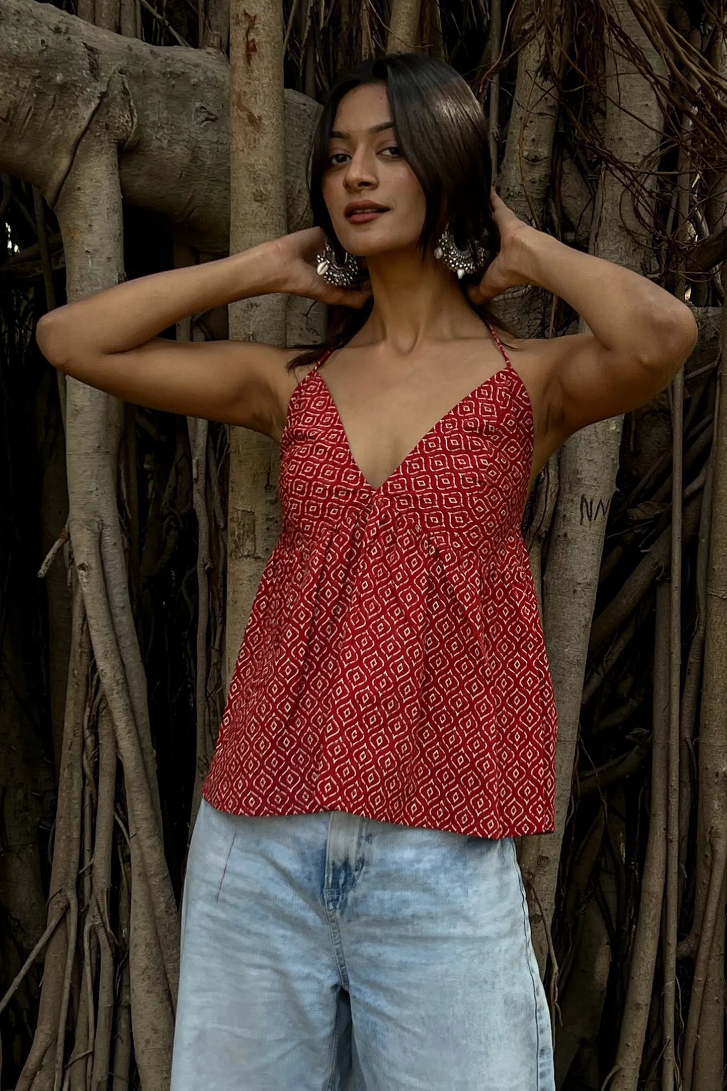 Red Geometric Halter Neck Top