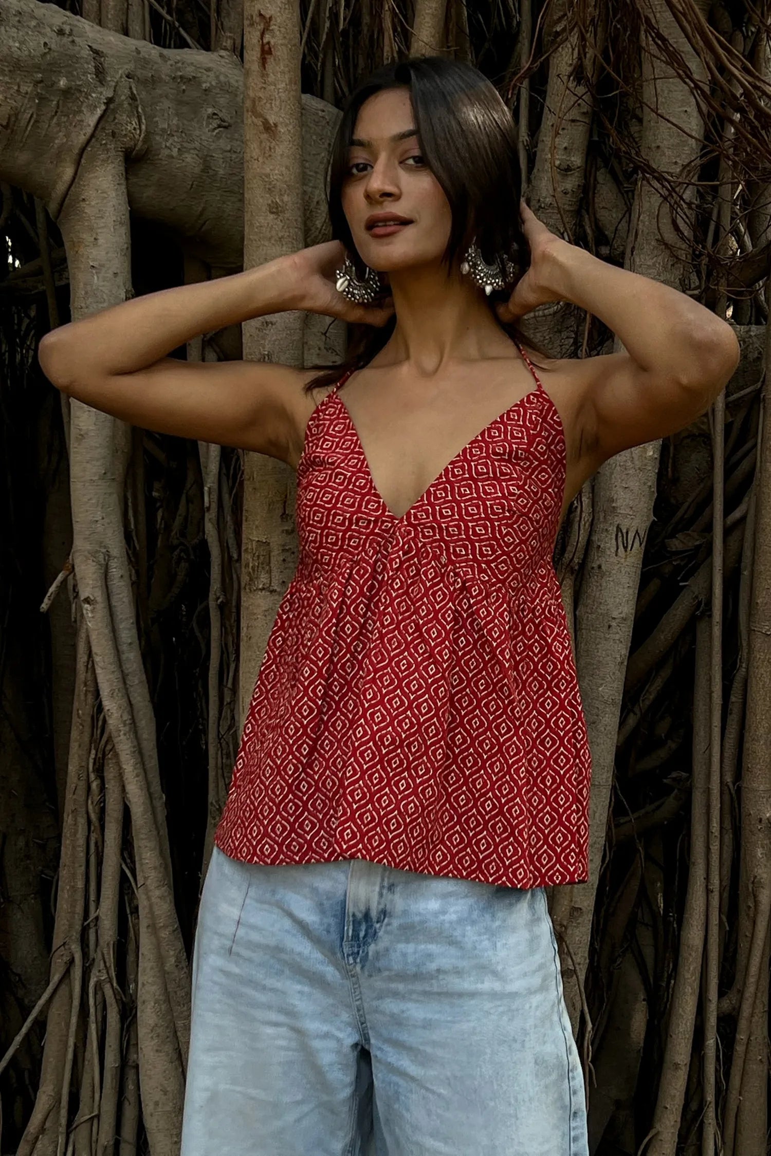 Red Geometric Halter Neck Top