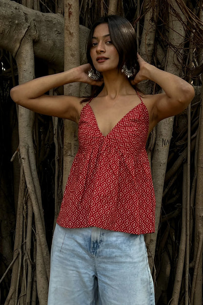 Red Geometric Halter Neck Top