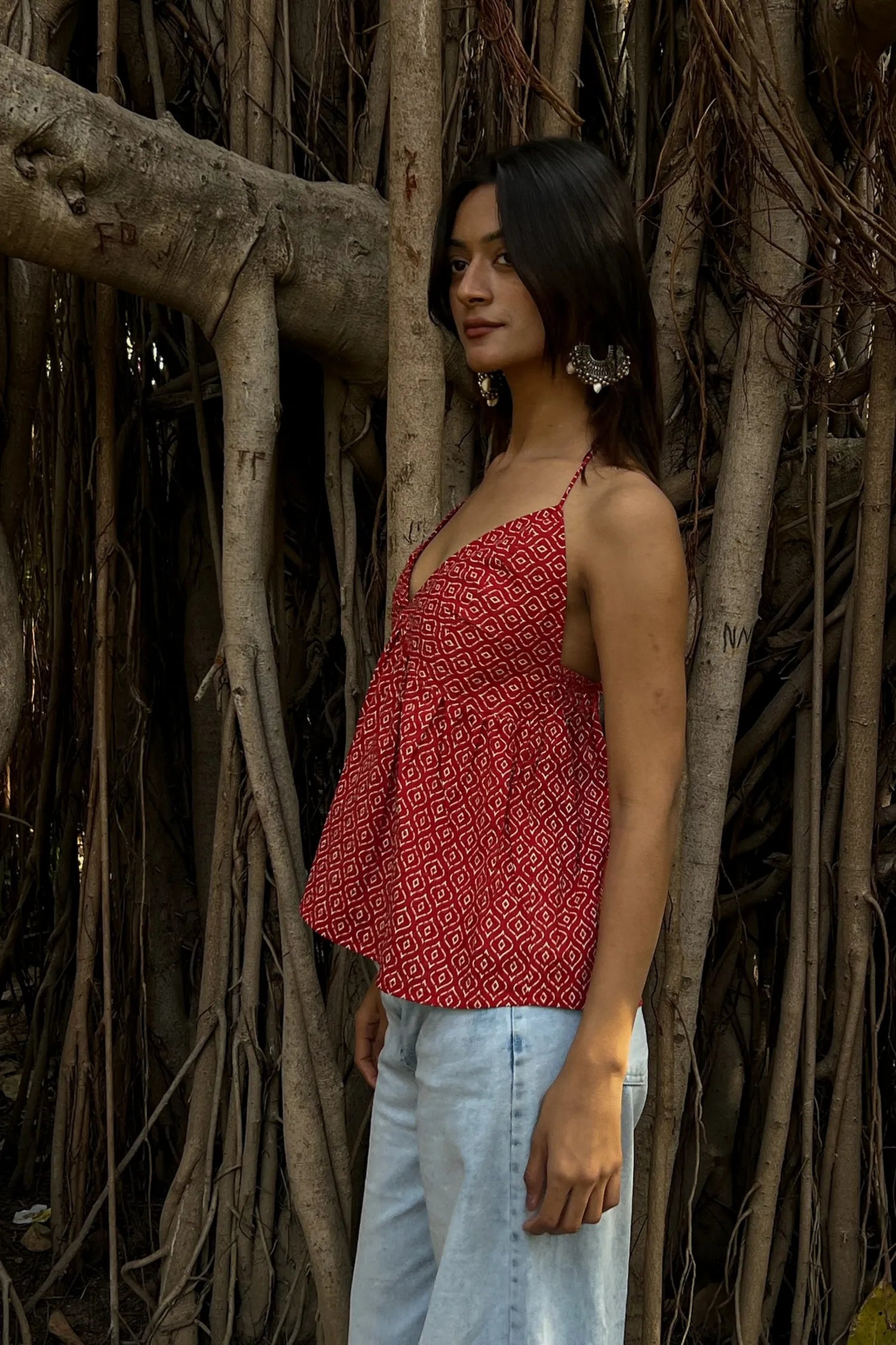 Red Geometric Halter Neck Top