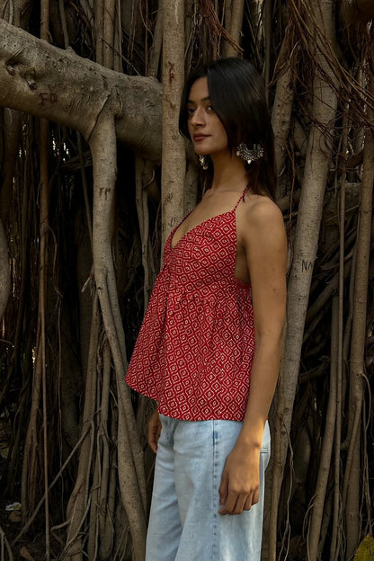 Red Geometric Halter Neck Top