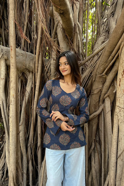 Navy Tree Motif Long Sleeve Kurti