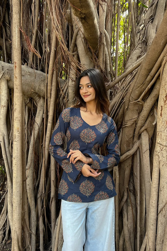 Navy Tree Motif Long Sleeve Kurti