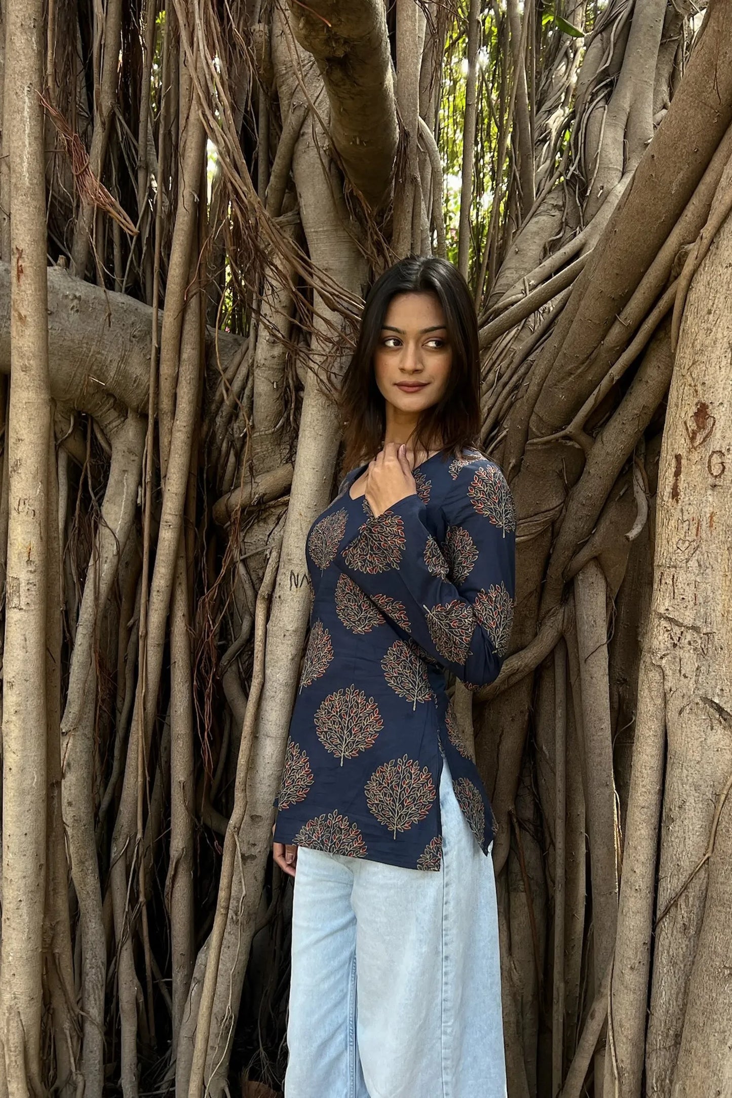 Navy Tree Motif Long Sleeve Kurti