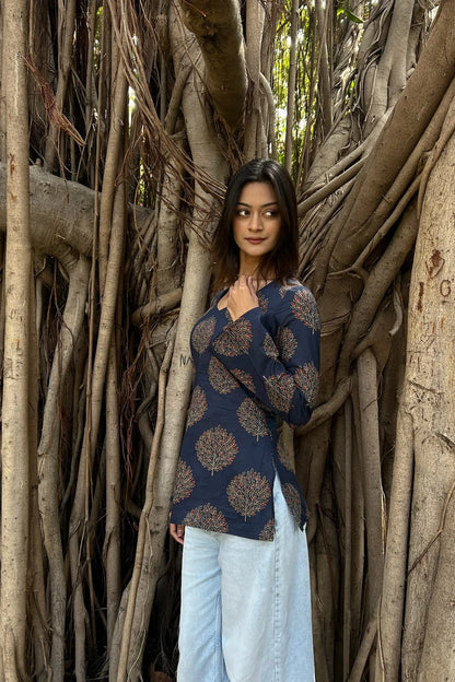 Navy Tree Motif Long Sleeve Kurti