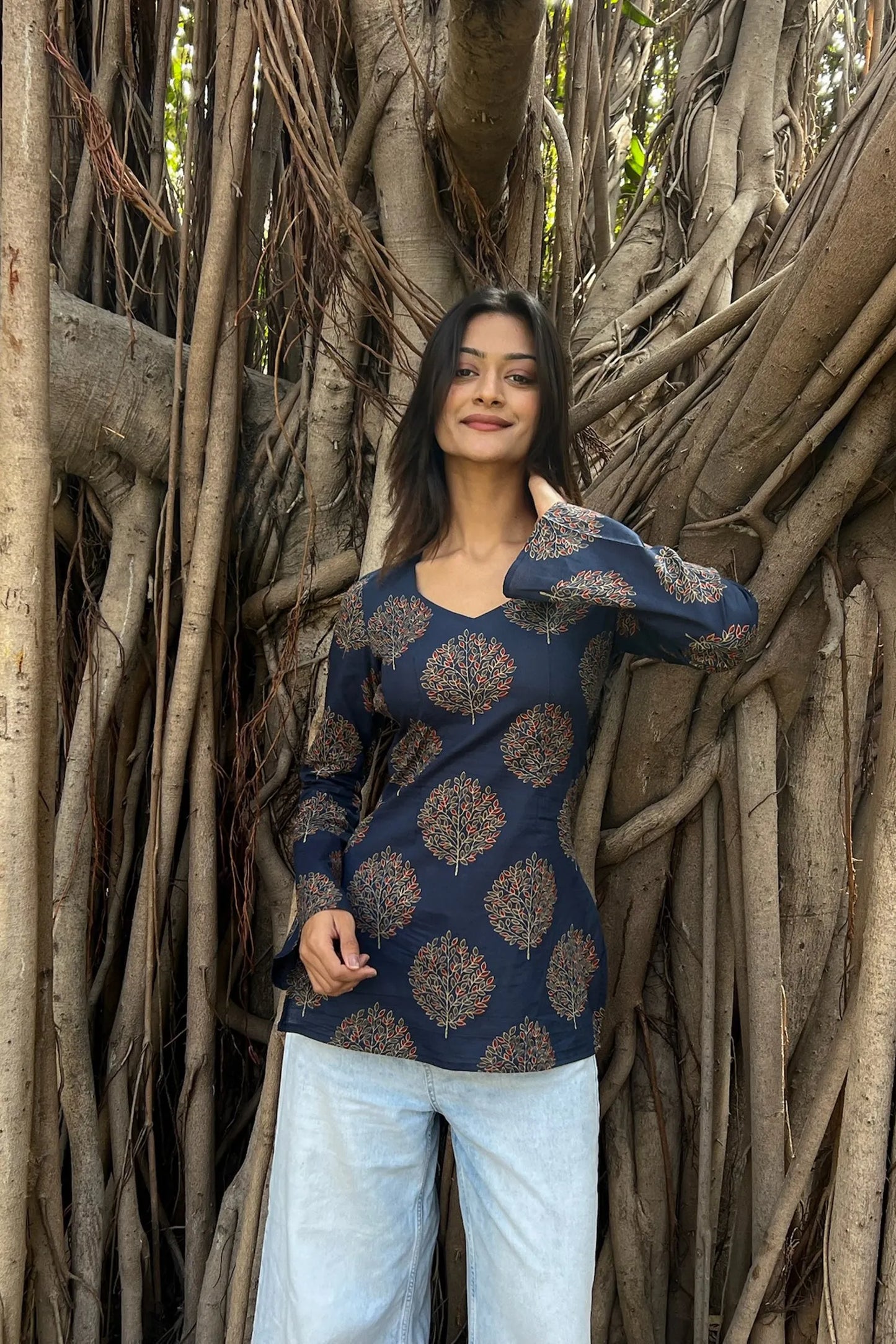Navy Tree Motif Long Sleeve Kurti
