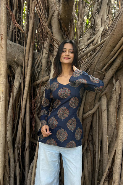 Navy Tree Motif Long Sleeve Kurti