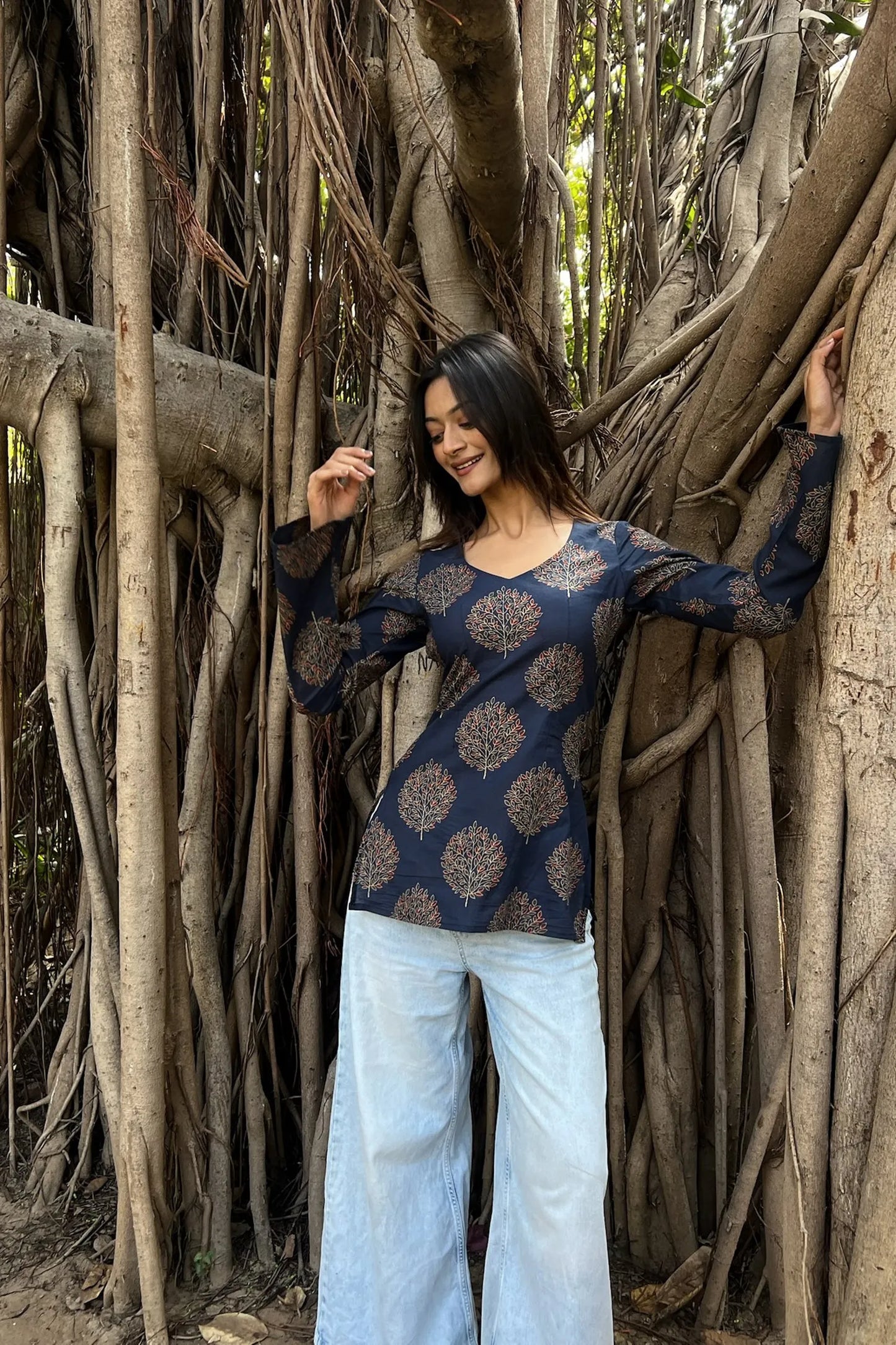 Navy Tree Motif Long Sleeve Kurti