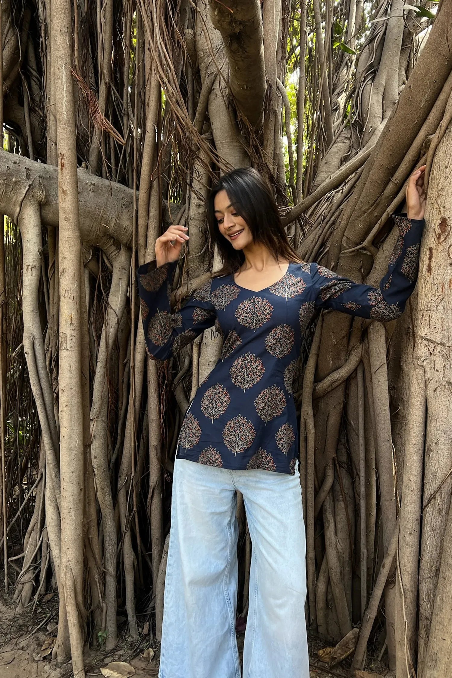 Navy Tree Motif Long Sleeve Kurti
