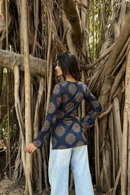 Navy Tree Motif Long Sleeve Kurti