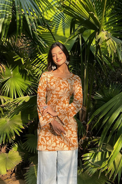 Mustard Floral Long Sleeve Corset Kurti