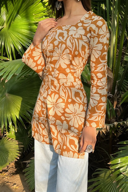 Mustard Floral Long Sleeve Corset Kurti