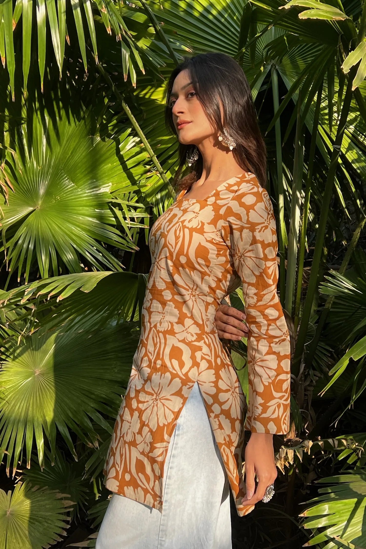 Mustard Floral Long Sleeve Corset Kurti