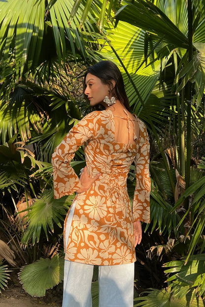 Mustard Floral Long Sleeve Corset Kurti