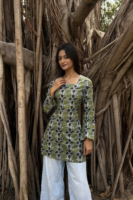 Olive Grey Leaf Long Sleeve Corset Kurti