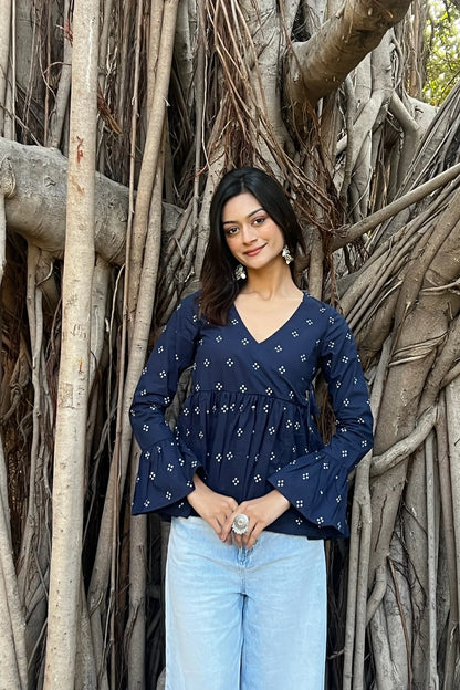 Navy Blue Buti Angrakha Top