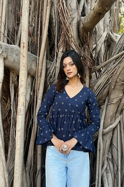 Navy Blue Buti Angrakha Top