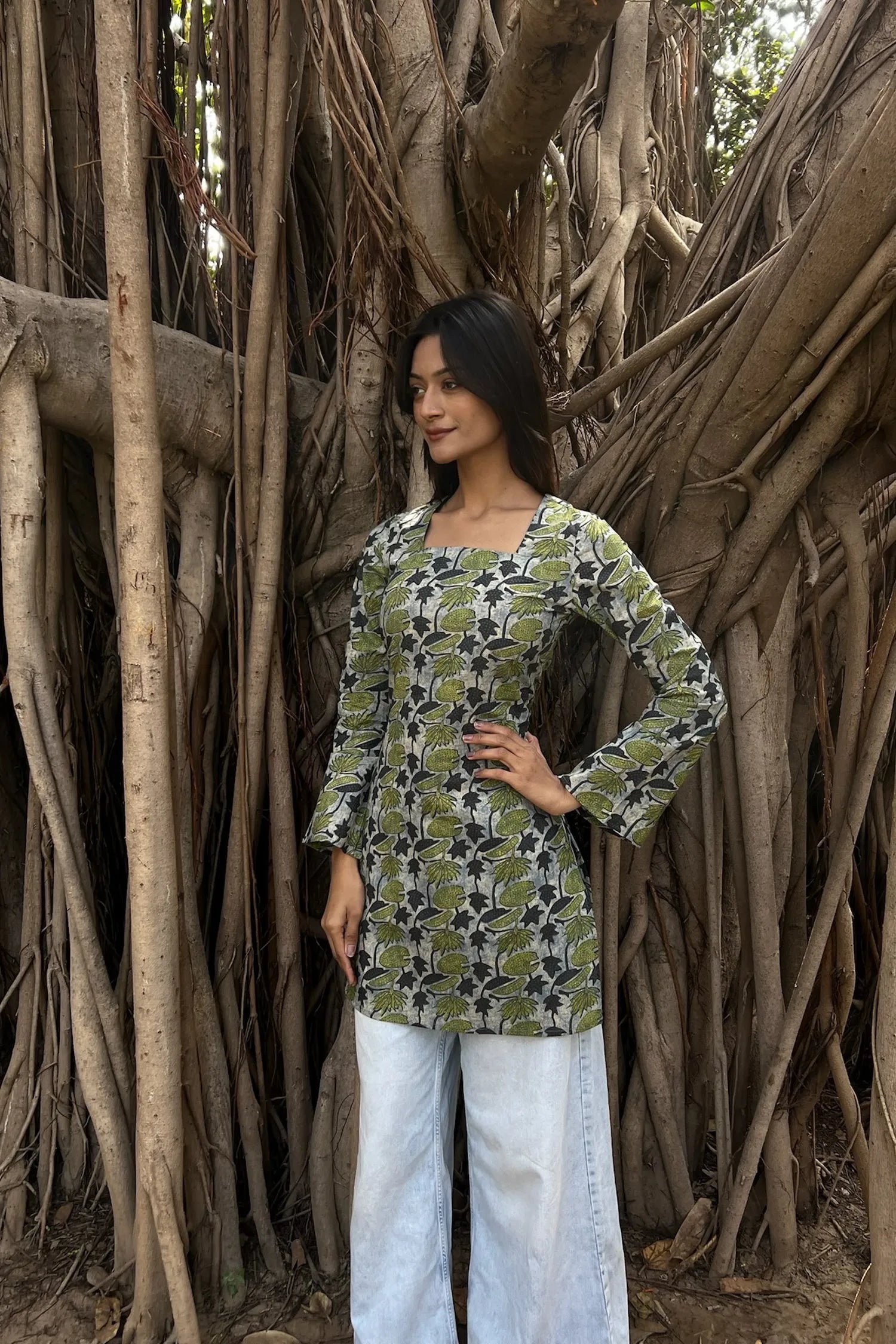 Olive Grey Leaf Long Sleeve Corset Kurti