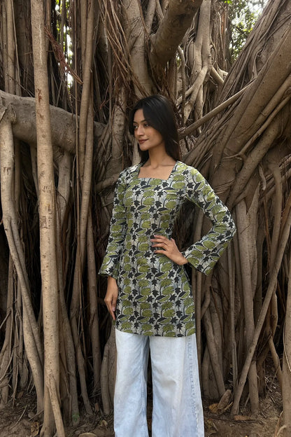 Olive Grey Leaf Long Sleeve Corset Kurti