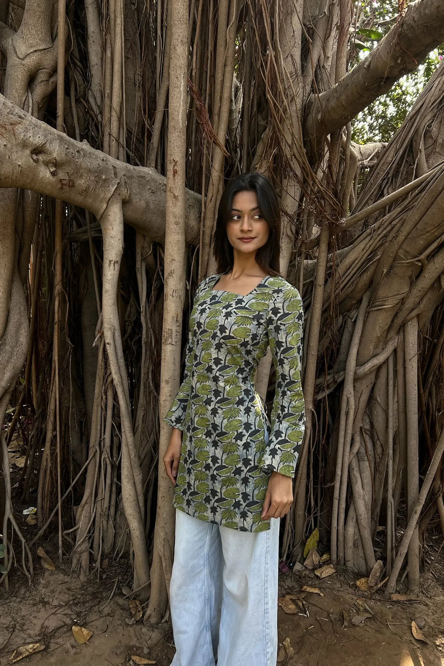 Olive Grey Leaf Long Sleeve Corset Kurti