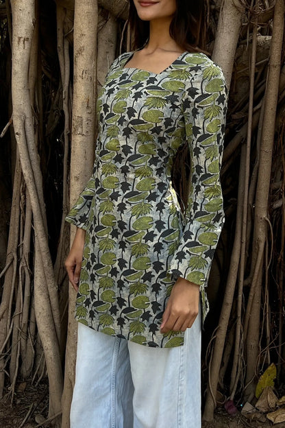 Olive Grey Leaf Long Sleeve Corset Kurti