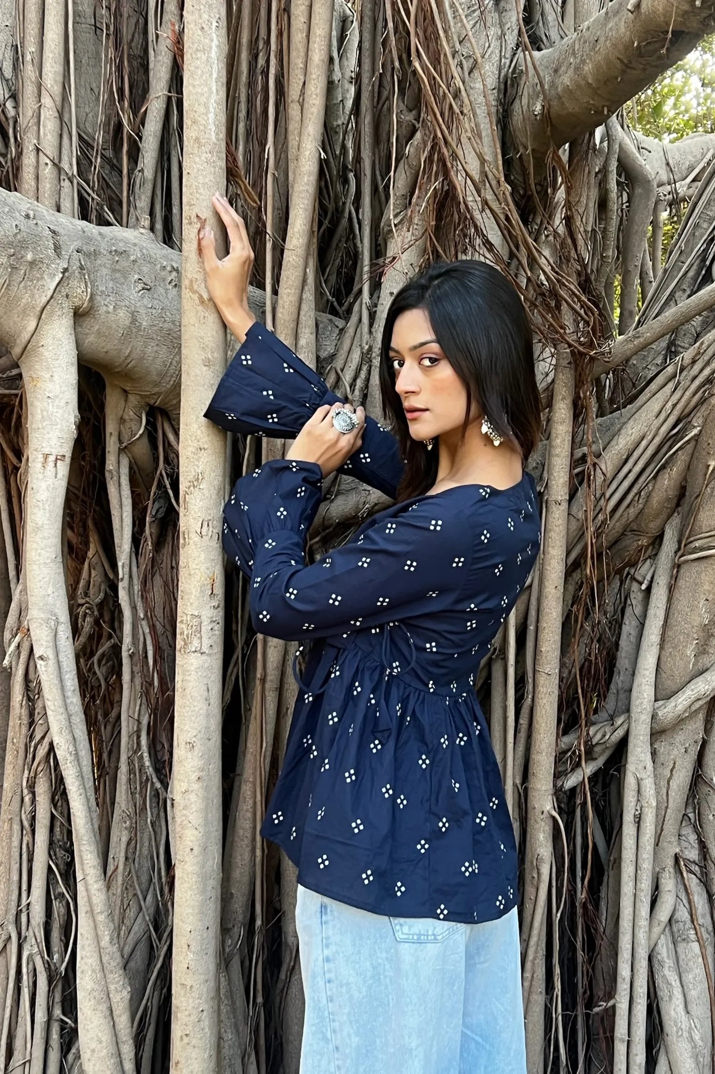 Navy Blue Buti Angrakha Top