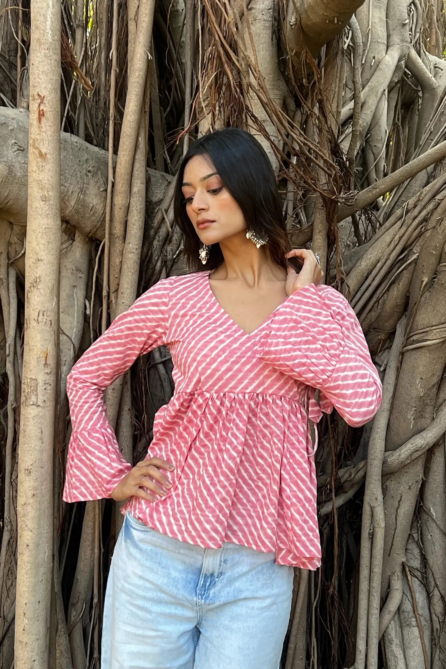 Blush Pink Leheriya Angrakha Top