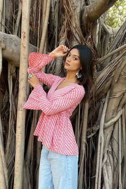 Blush Pink Leheriya Angrakha Top