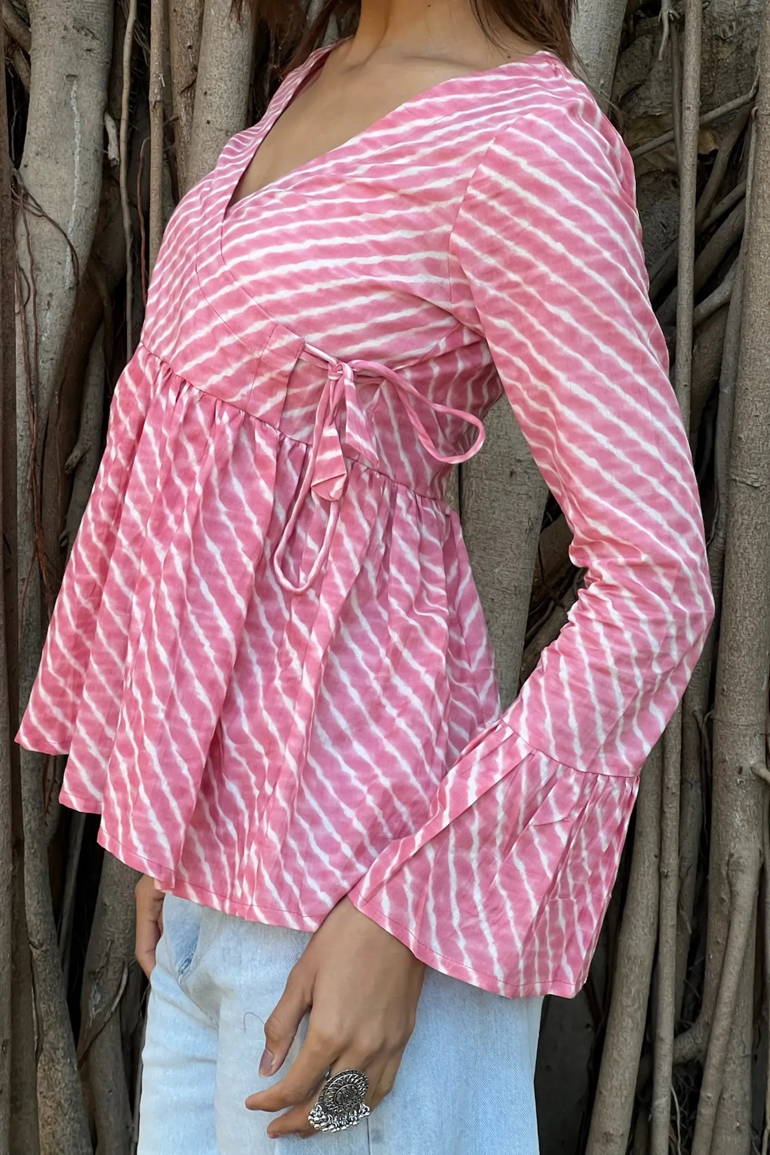 Blush Pink Leheriya Angrakha Top