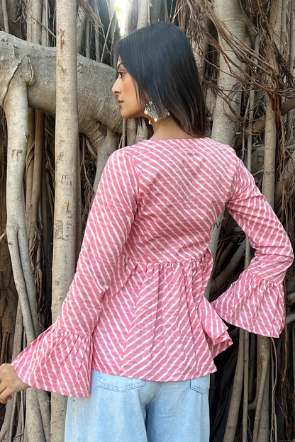 Blush Pink Leheriya Angrakha Top