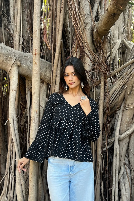 Black Polka Dot Angrakha Top