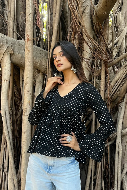 Black Polka Dot Angrakha Top
