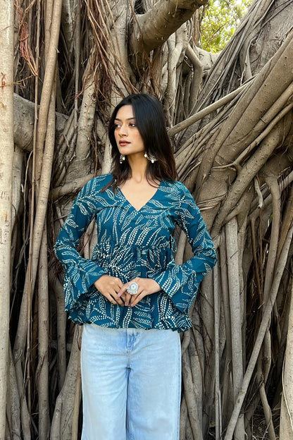 Rama Green Bandhani Angrakha Top