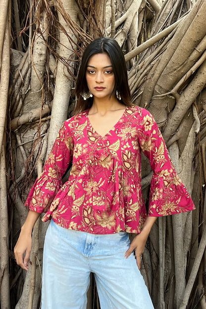 Pink Floral Cotton Peplum Top