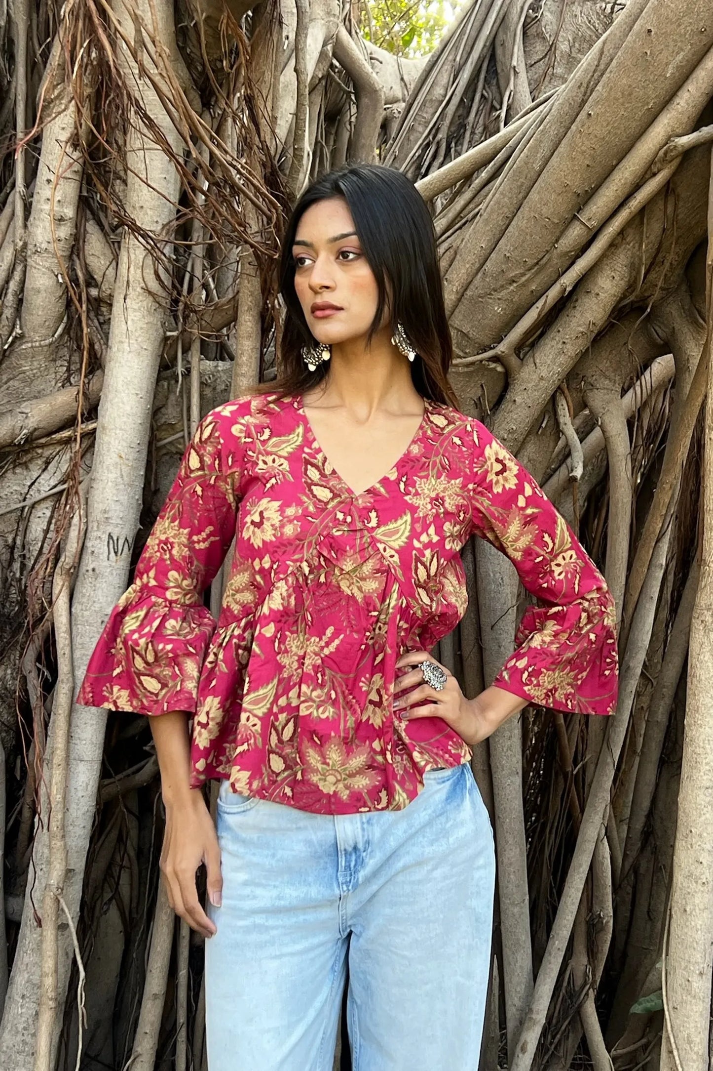 Pink Floral Cotton Peplum Top