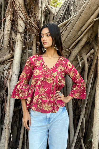 Pink Floral Cotton Peplum Top