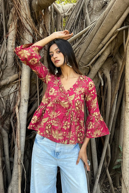 Pink Floral Cotton Peplum Top