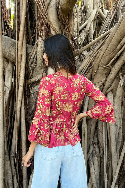 Pink Floral Cotton Peplum Top