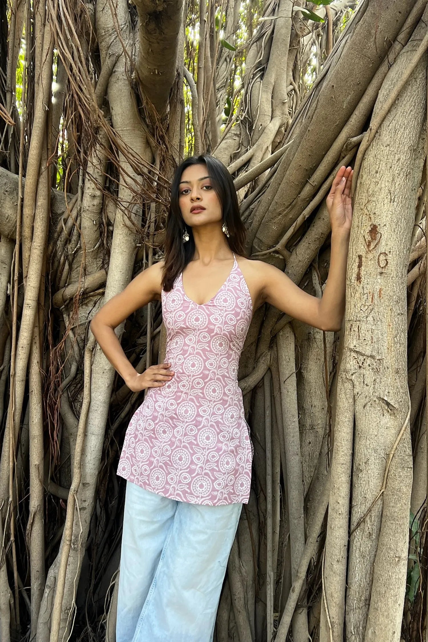 Mauve Bandhani Halter Neck Corset Kurti