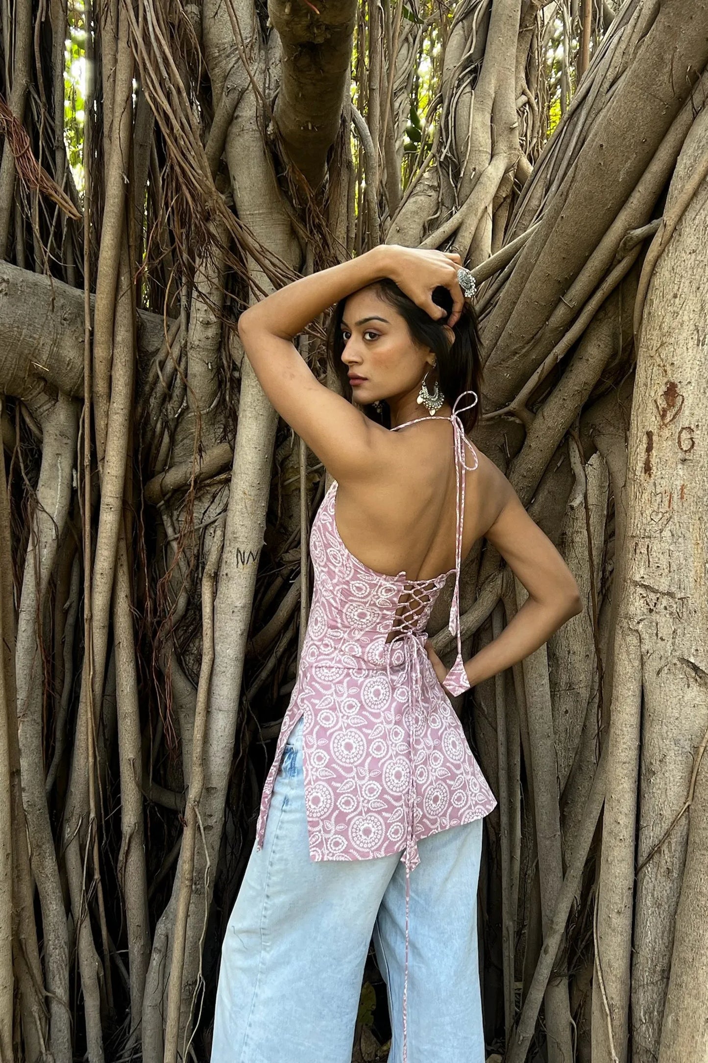 Mauve Bandhani Halter Neck Corset Kurti
