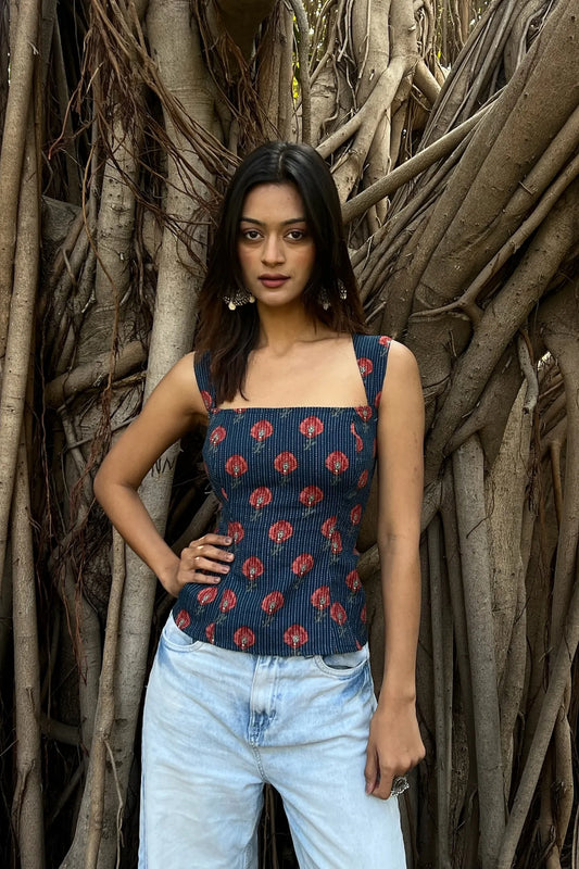 Navy Floral Buti Corset Top
