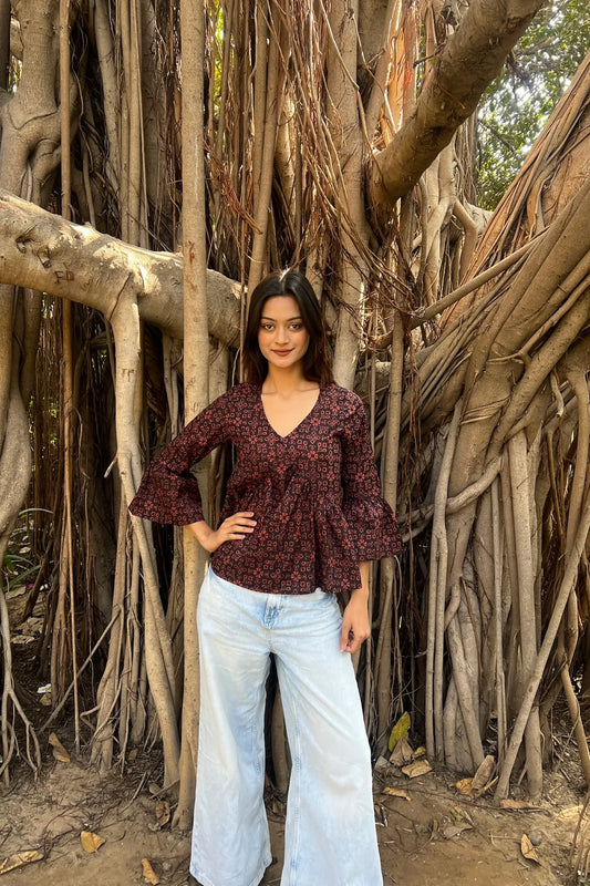 Maroon Dabu Peplum Top