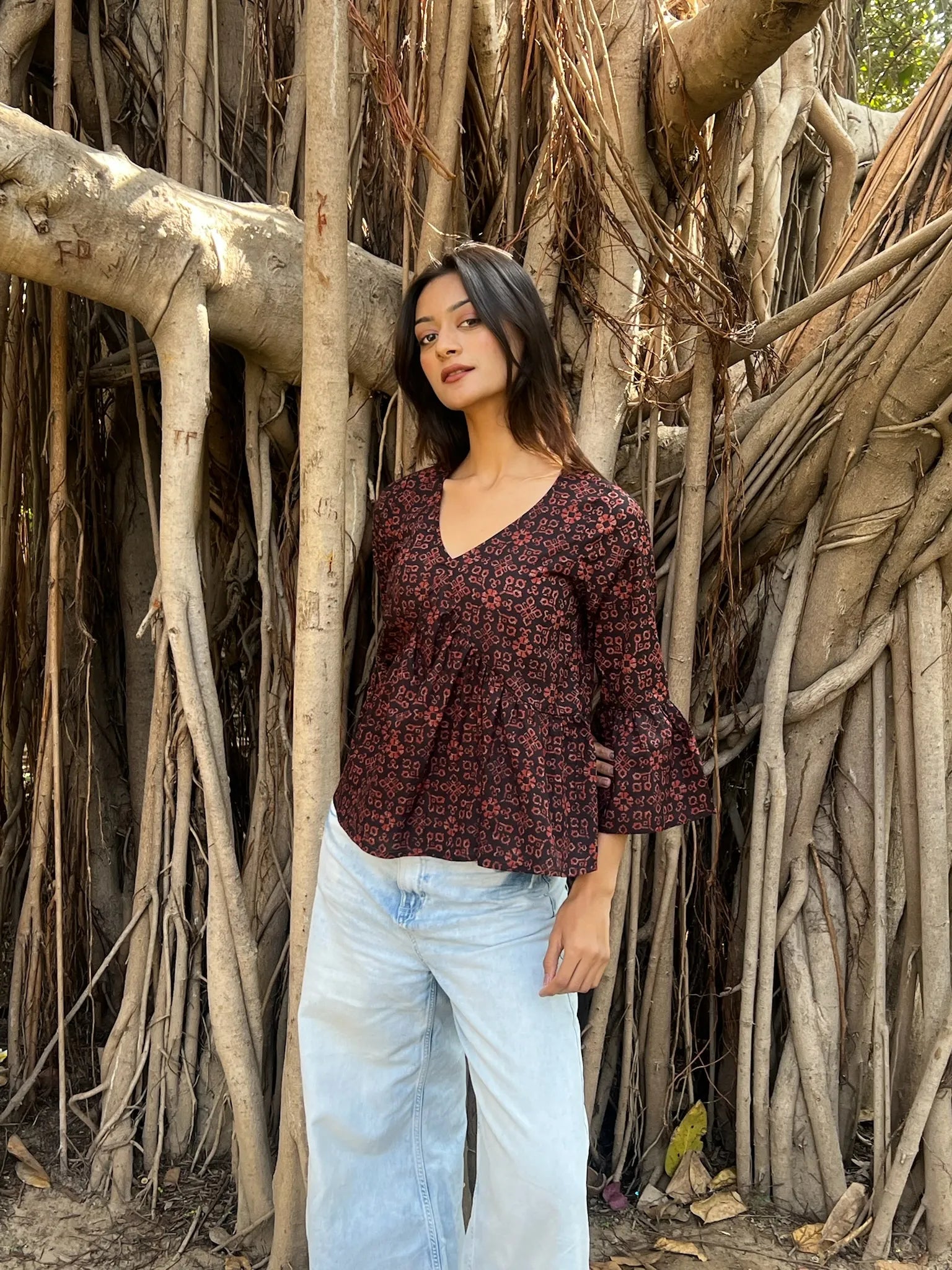 Maroon Dabu Peplum Top