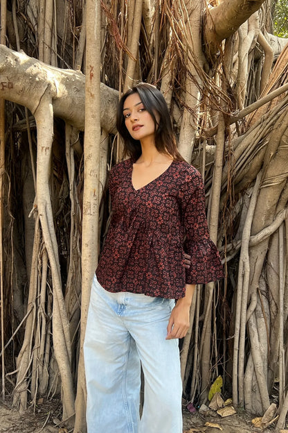 Maroon Dabu Peplum Top