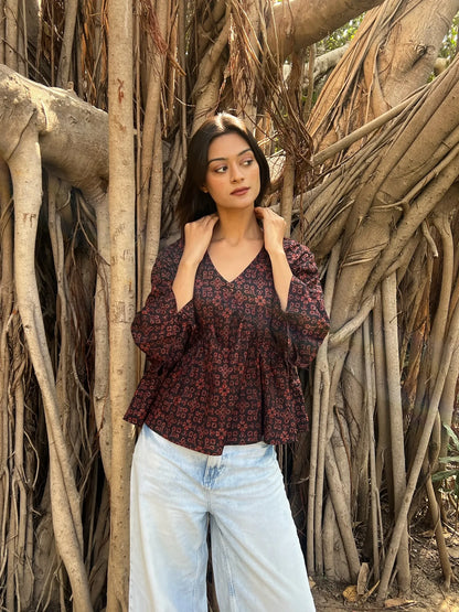 Maroon Dabu Peplum Top