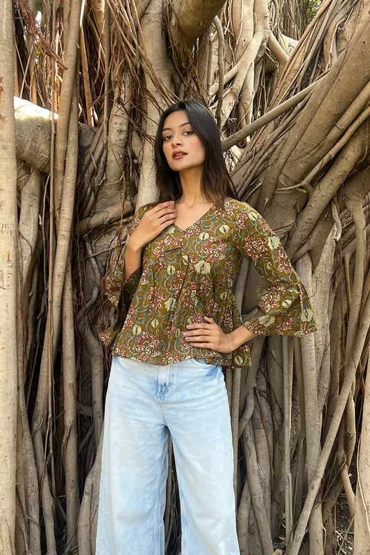 Olive Floral Peplum Top