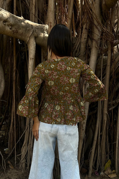 Olive Floral Peplum Top