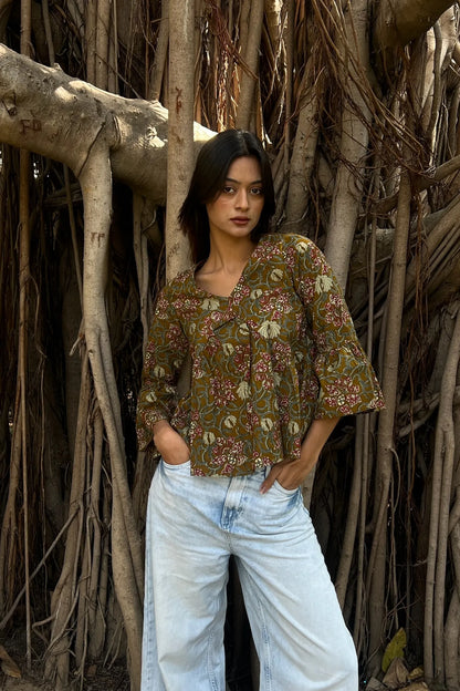 Olive Floral Peplum Top