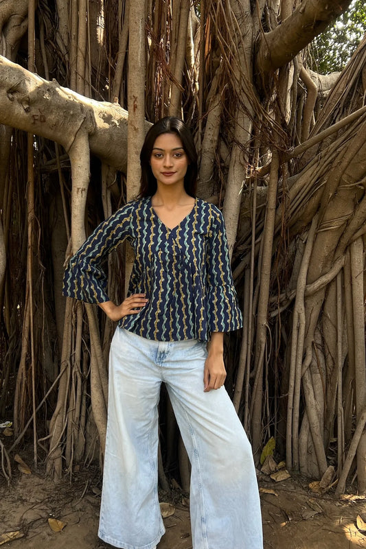Navy Ikat Peplum Top